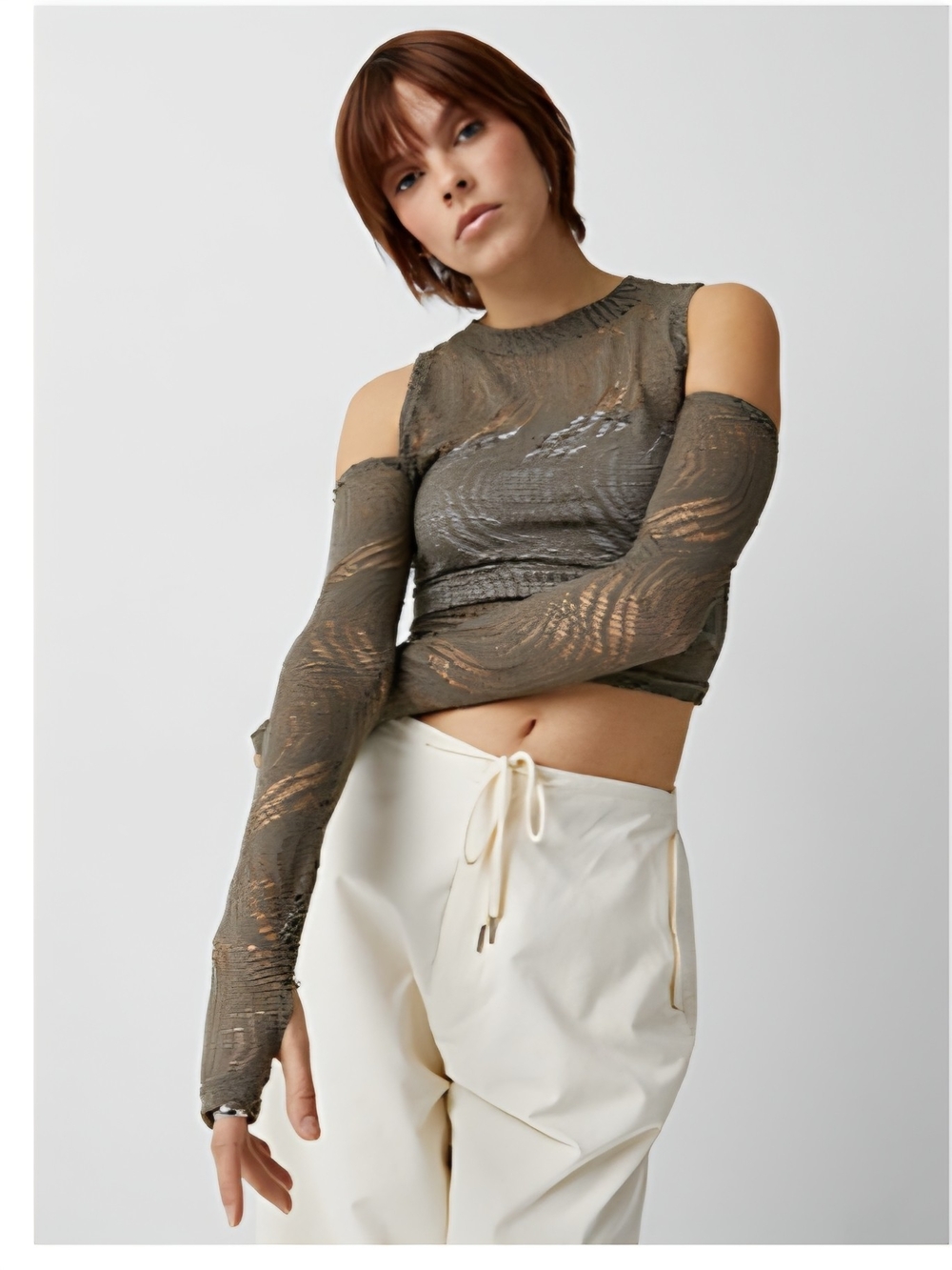 Sheer Cold-Shoulder Crop Top in Olive